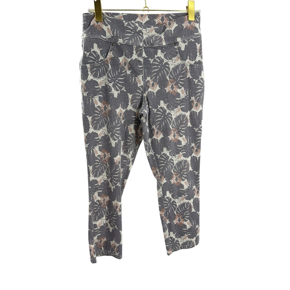 Utopia‎ by HUI Womens L Gray White Leaf Print High Waist Cropped Leggings